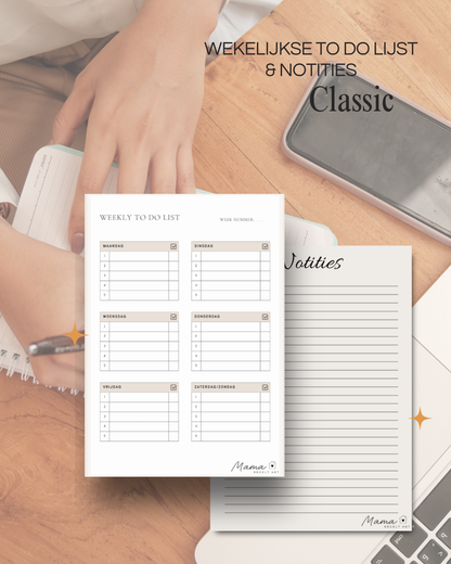 Wekelijkse to do lijst en notities PDF classic voor moeders om taken te plannen